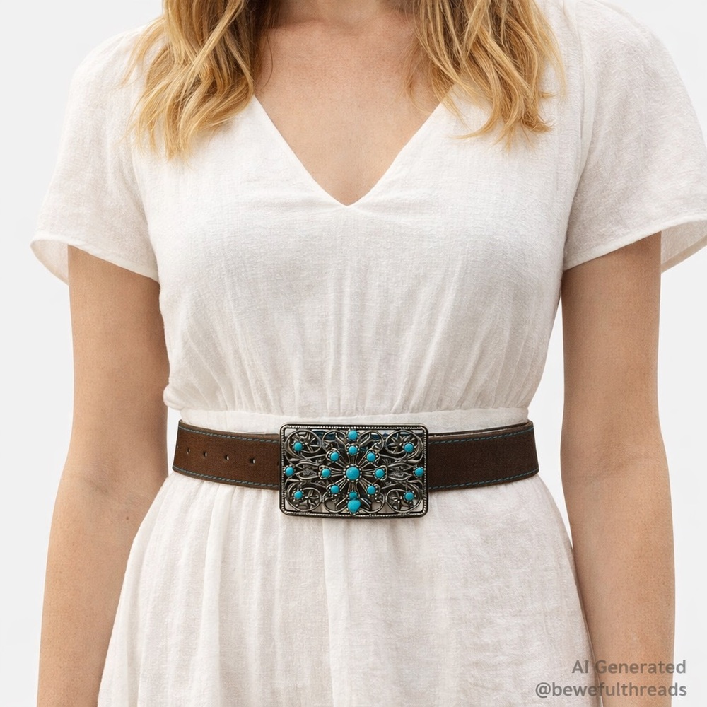 Belt Shak M Brown Turquoise Western Leather Belt Cowgirl Boho